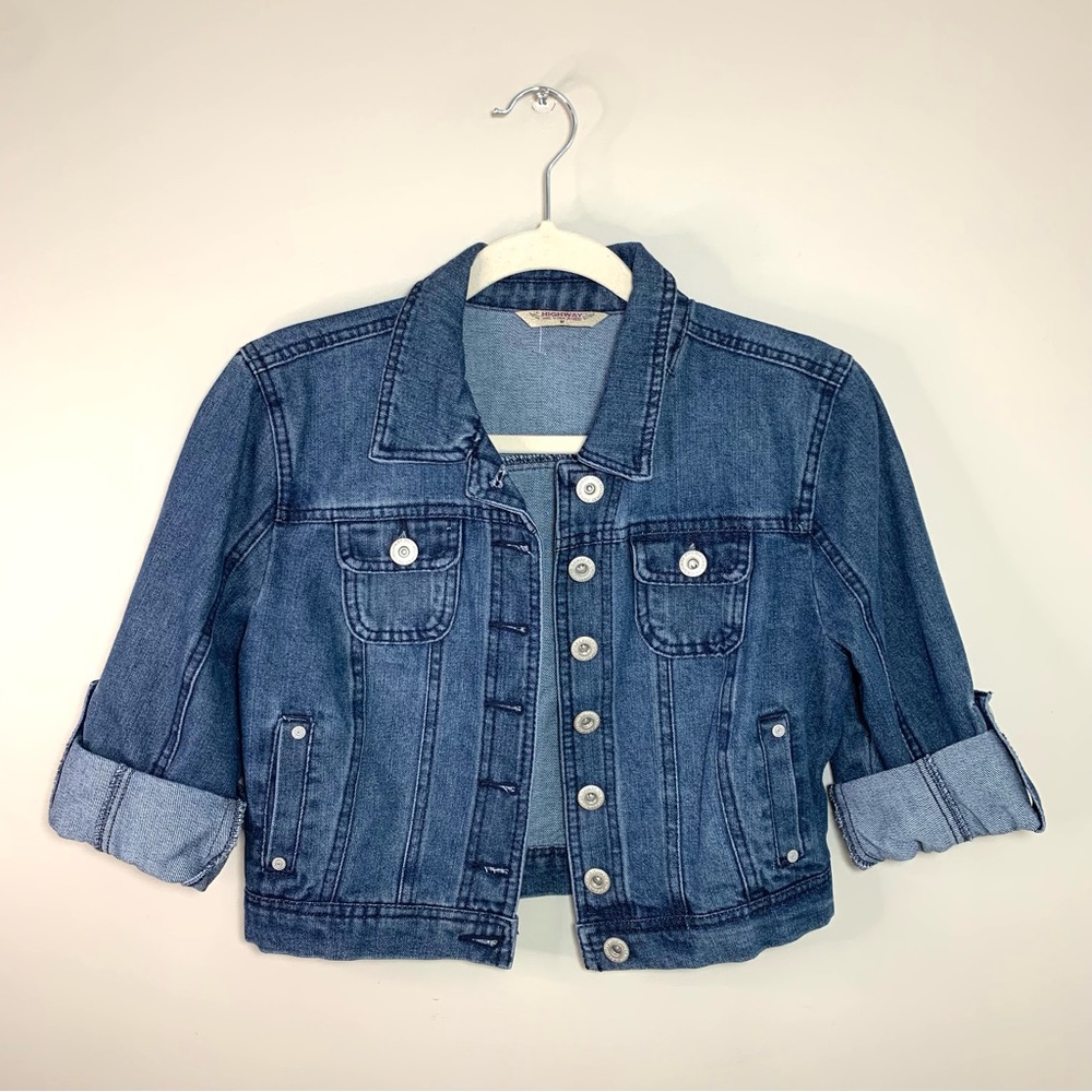 Highway Jeans Junior M Cropped Denim Jacket Roll-Tab Sleeves Like New Blue Y2K